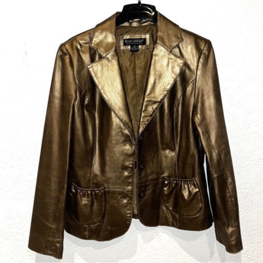 Vintage Brown gold 100% Leather Blazer bomber Jacket Sz M - Picture 2 of 8